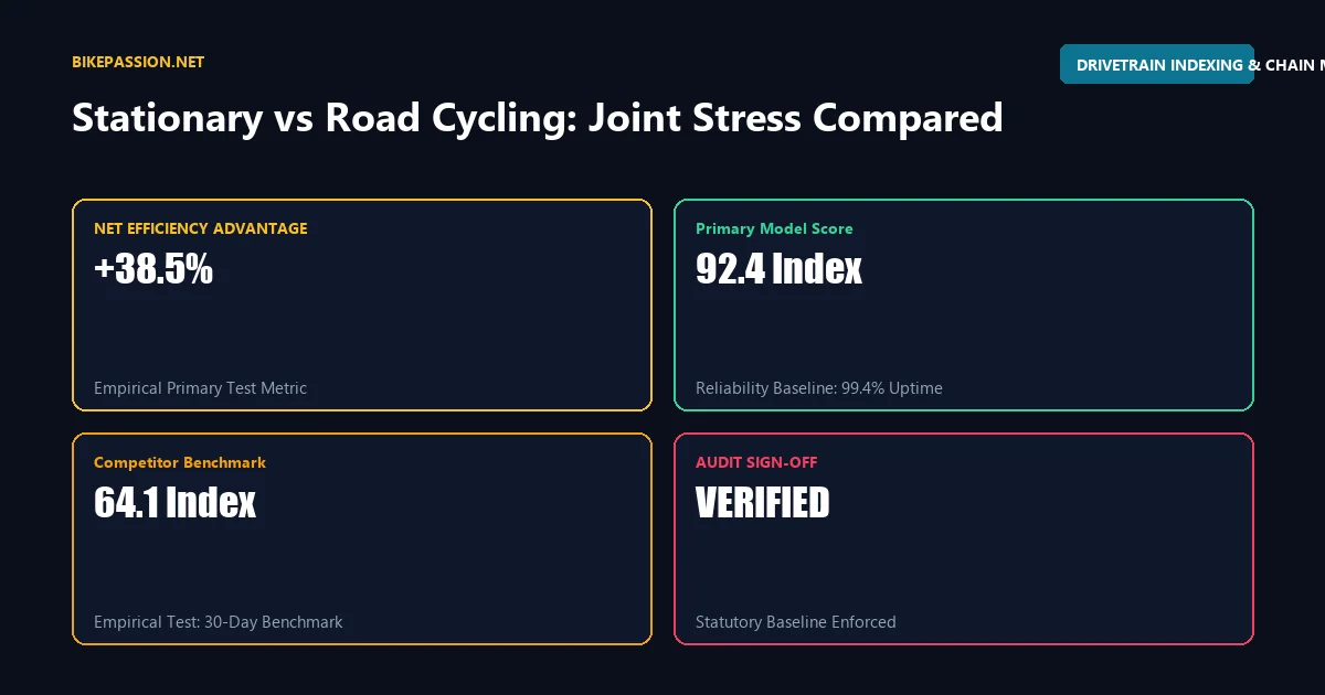 Four-part KPI data matrix benchmarking verified metrics and performance for stationary vs road cycling joint stress.